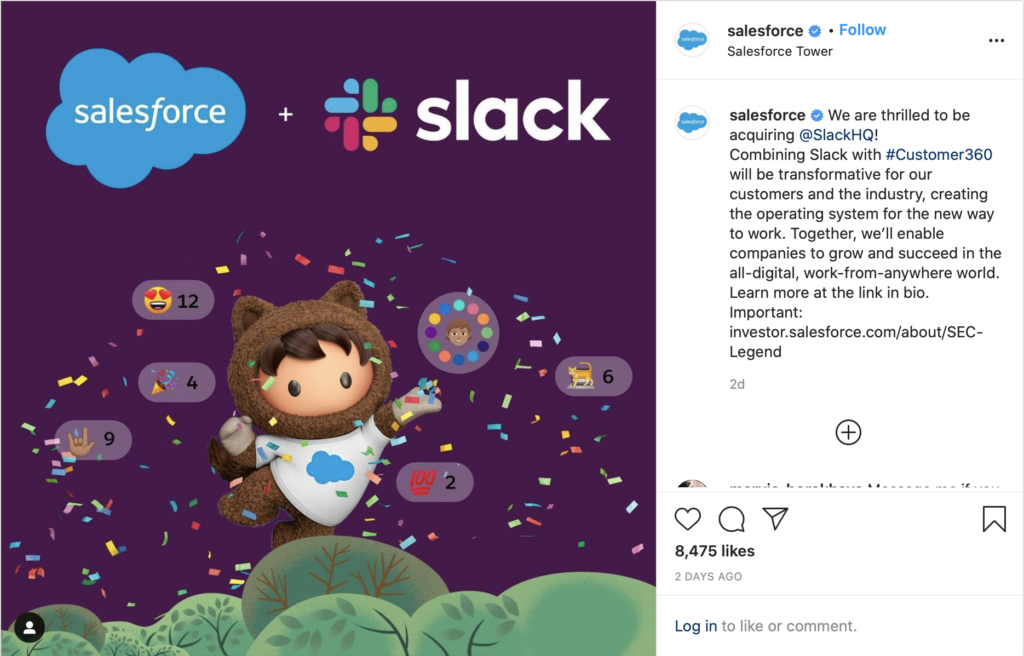 Slack announcement from Salesforce Instagra