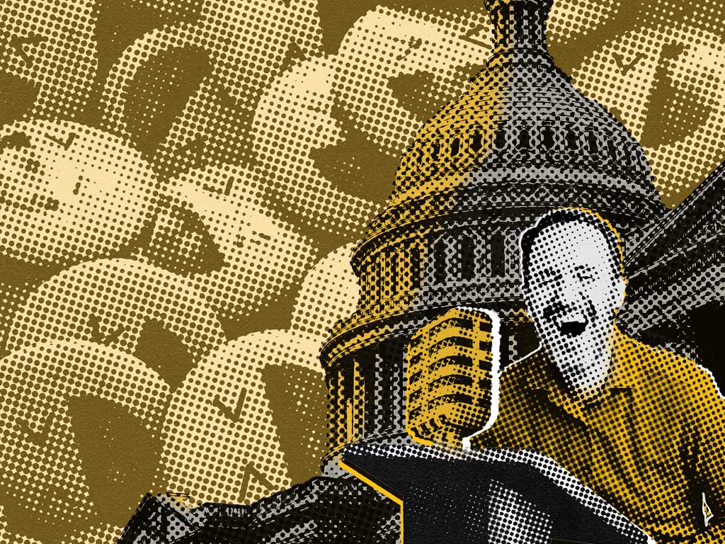 Artistic rendering of a stand up comedian in front of the Capitol building