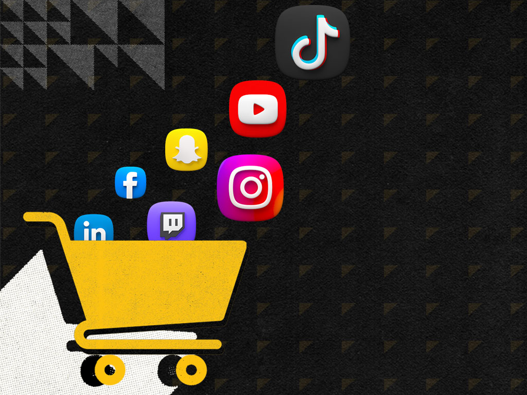Decorative image of a cart with social media icons, representing social shopping and eccomerce on social media.