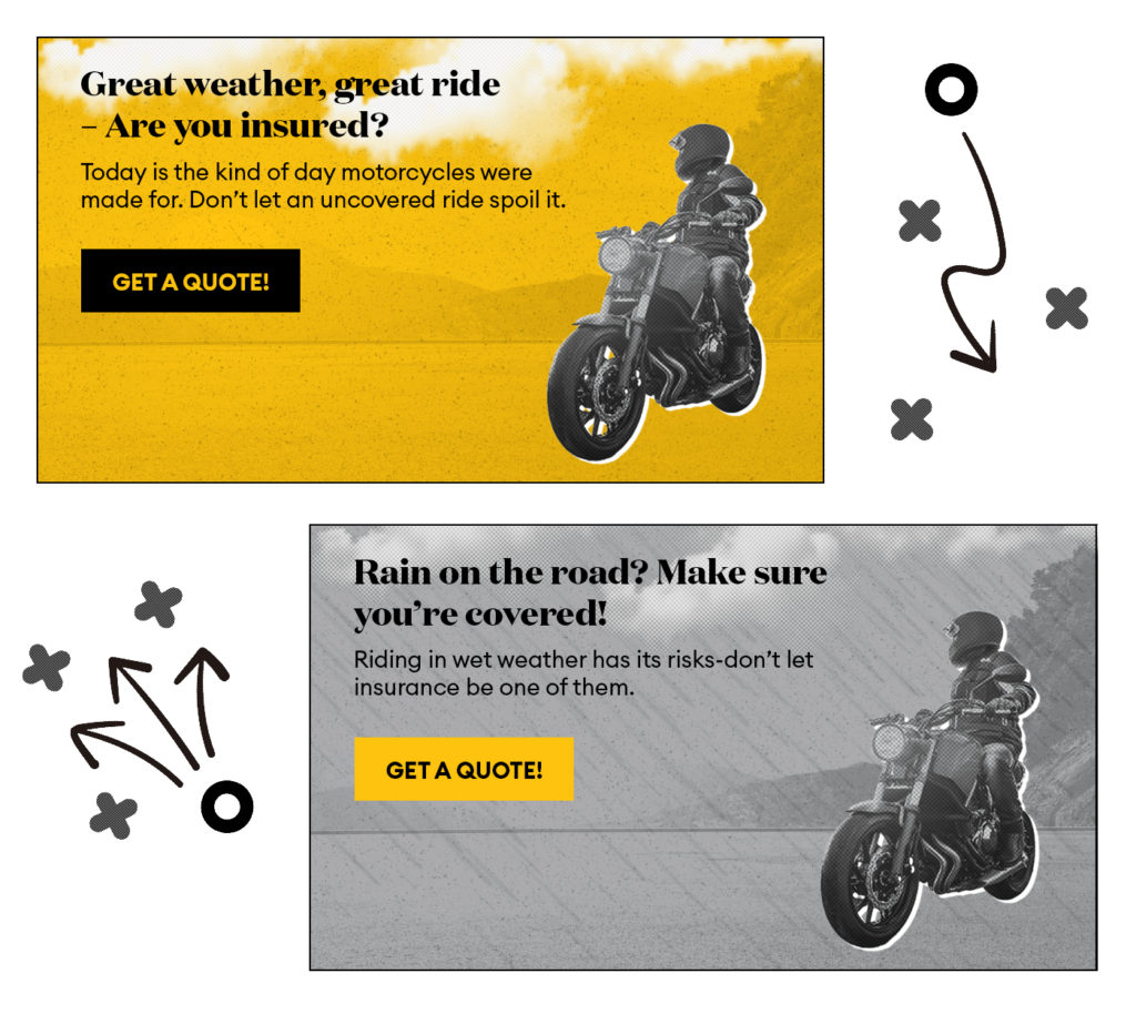  Images of two different advertisements that might be shown to users based on weather in their location as part of a dynamic marketing strategy. The first features a motorcyclist on a sunny day; the second shows a motorcyclist in the rain.